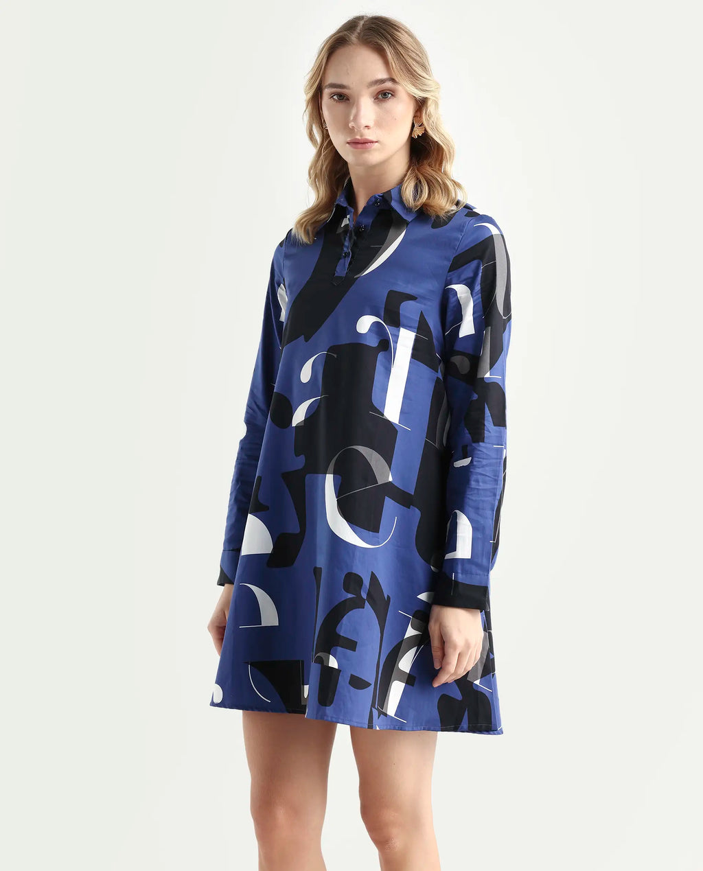 Rareism Women's Macie Blue Cotton Mandarin Collar Graphic Print Knee Length Regular Fit Dress