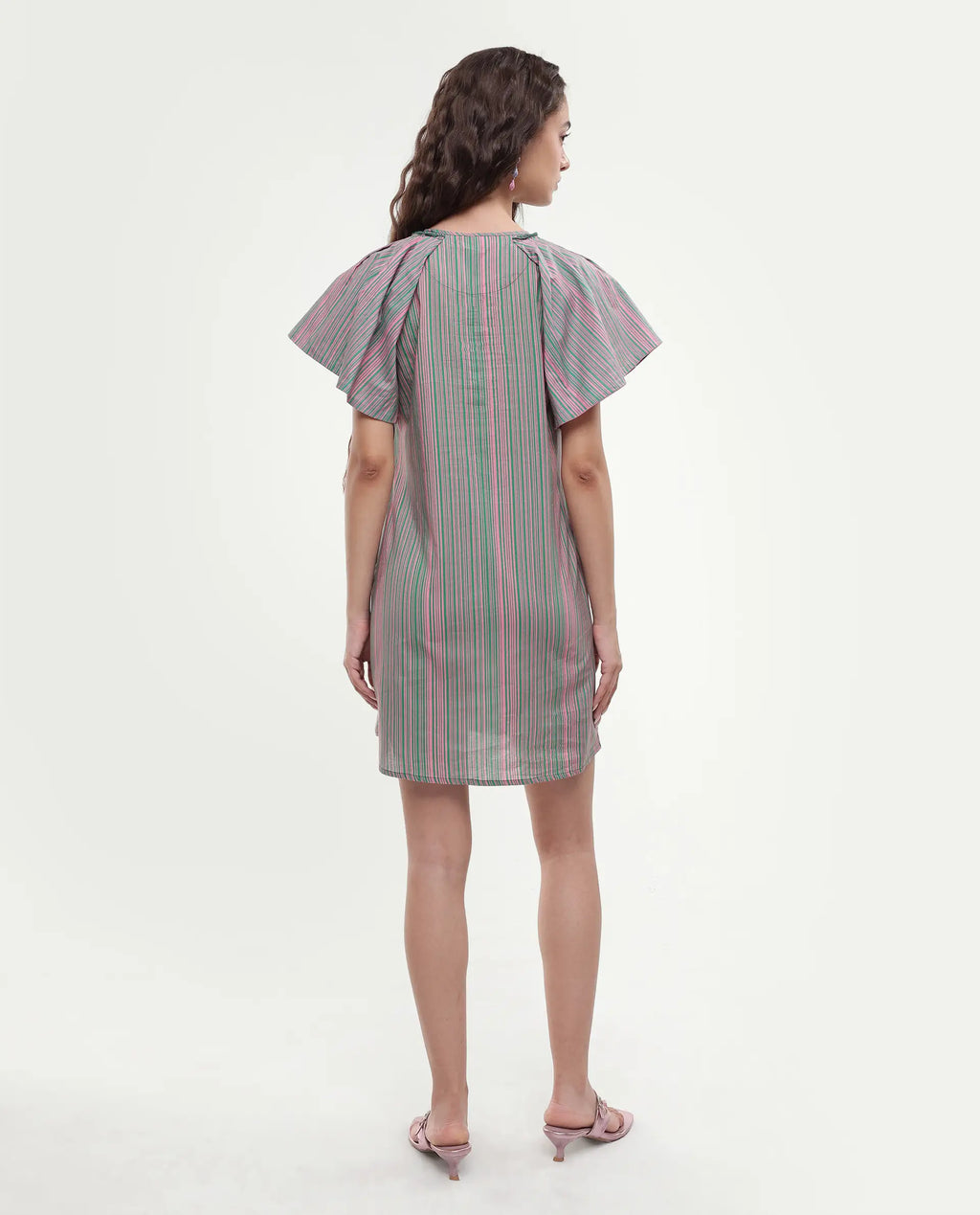 Rareism Women's Berta Pink Cotton Key Hole Neck Striped Ruffled Sleeve Mini Flared Dress
