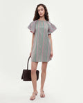 Rareism Women's Berta Pink Cotton Key Hole Neck Striped Ruffled Sleeve Mini Flared Dress