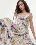 Rareism Women's Joanna Multi Cotton V-Neck Floral Print Shoulder Strap Midi Regular Fit Dress