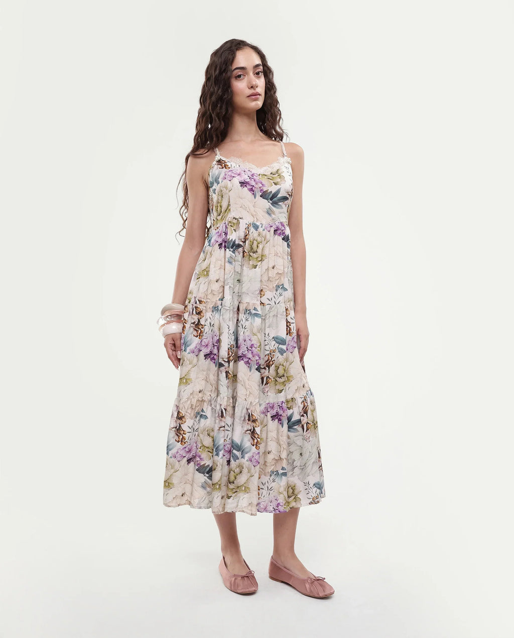 Rareism Women's Joanna Multi Cotton V-Neck Floral Print Shoulder Strap Midi Regular Fit Dress