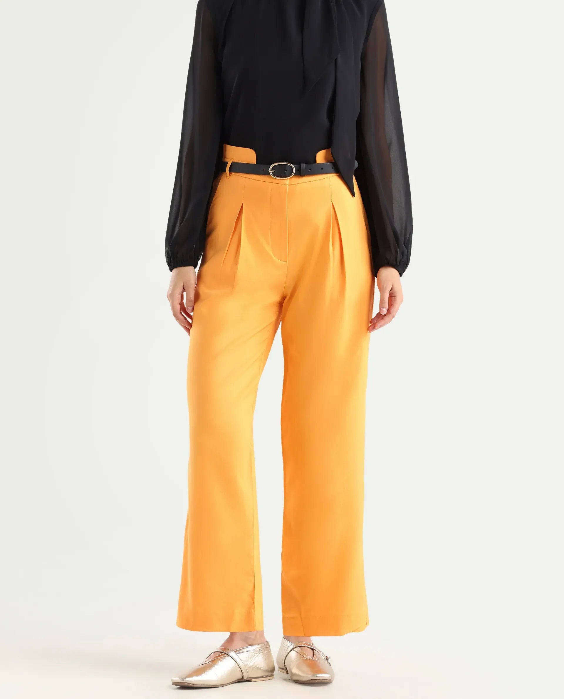 Rareism Women's Evanova Mustard Viscose Plain Ankle Length Regular Fit Trouser