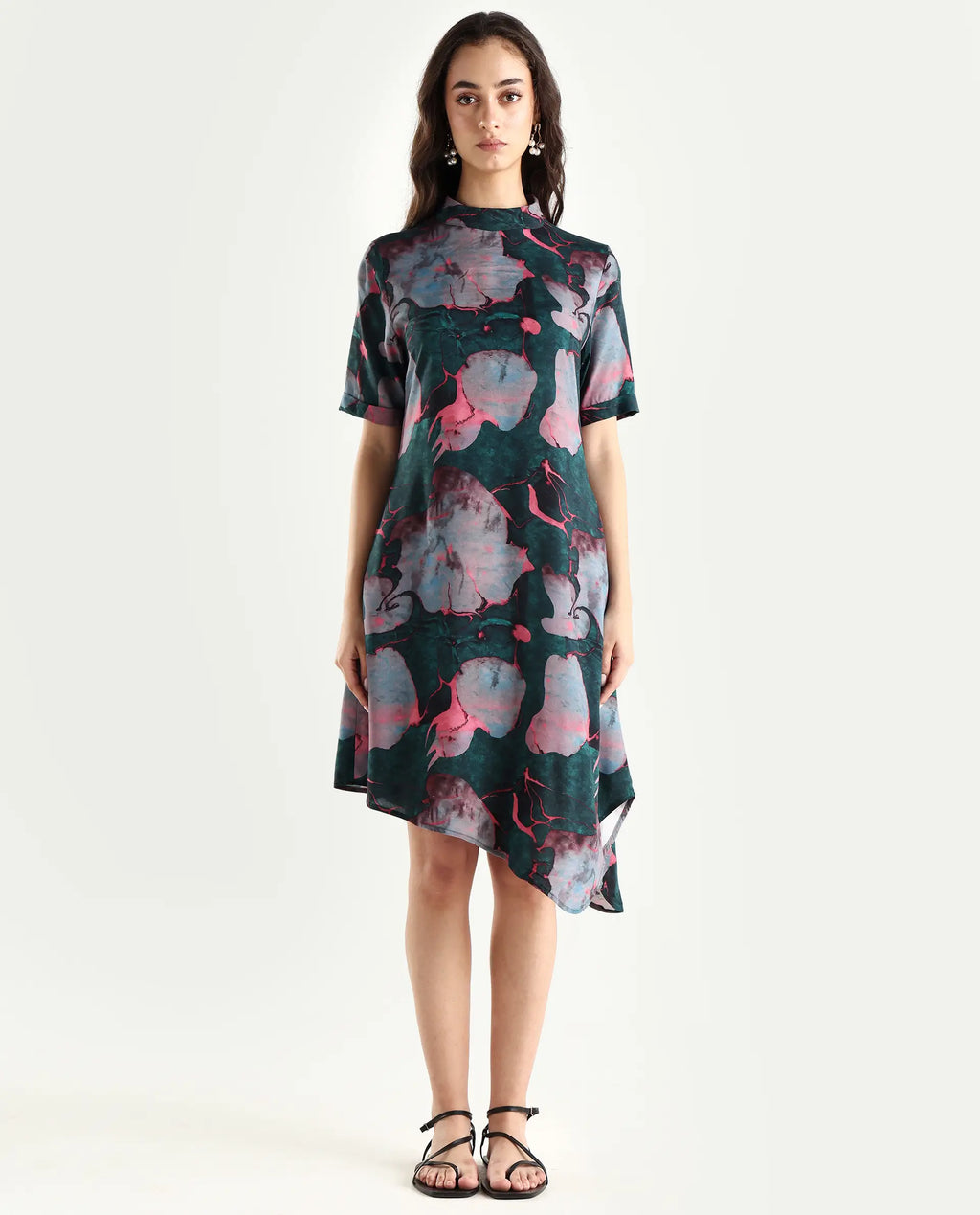 Rareism Women's Calantha Multi Viscose High Neck Floral Print Knee Length Regular Fit Dress