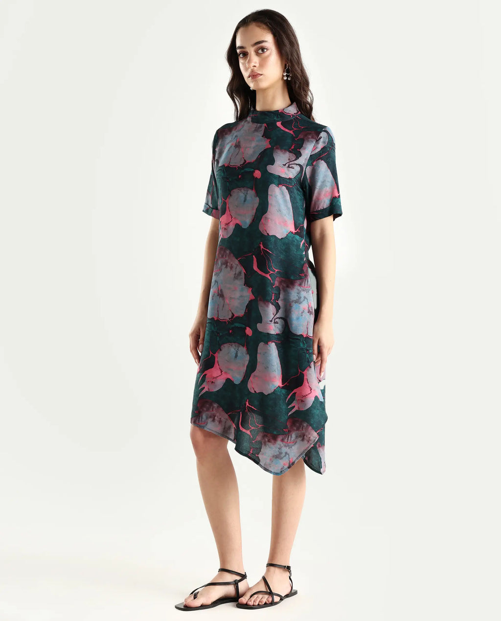 Rareism Women's Calantha Multi Viscose High Neck Floral Print Knee Length Regular Fit Dress