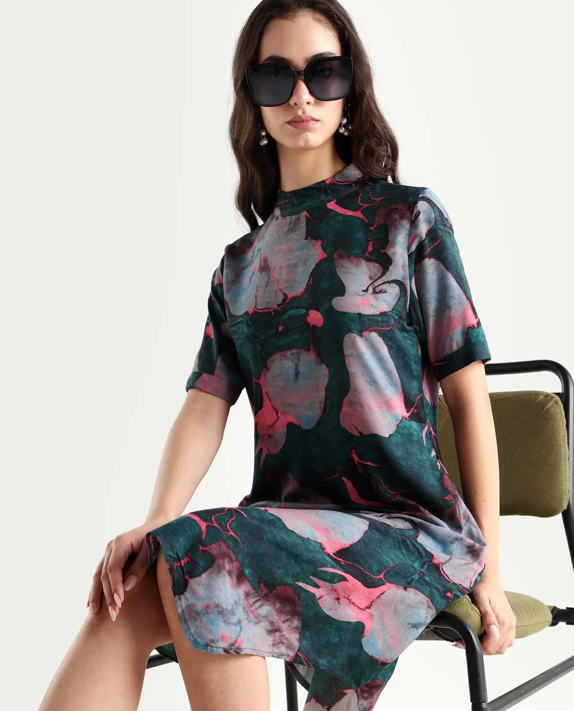 Rareism Women's Calantha Multi Viscose High Neck Floral Print Knee Length Regular Fit Dress