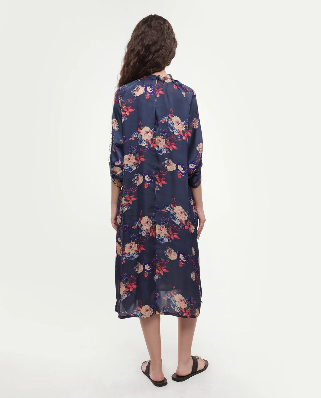 Rareism Women's Clem Navy Polyester High Neck Floral Print Volume Sleeve Knee Length Relaxed Fit Dress
