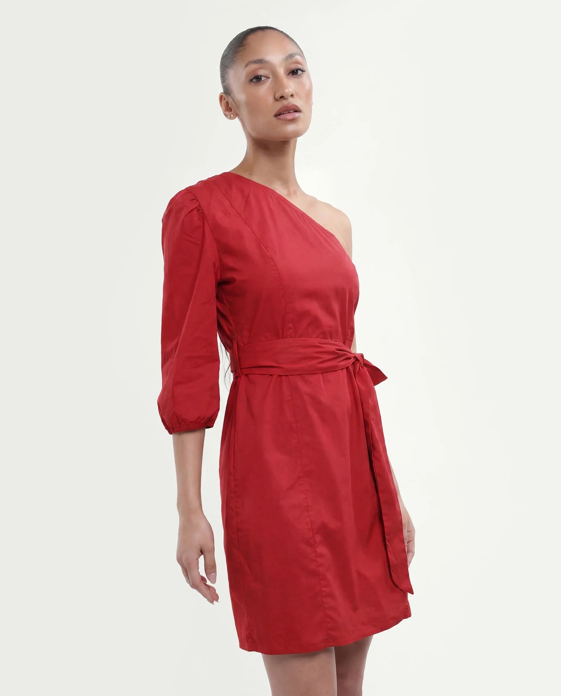 Rareism Women's Floris Red Polyester Blend One Shoulder Plain Puff Sleeves Knee Length Slim Fit Dress