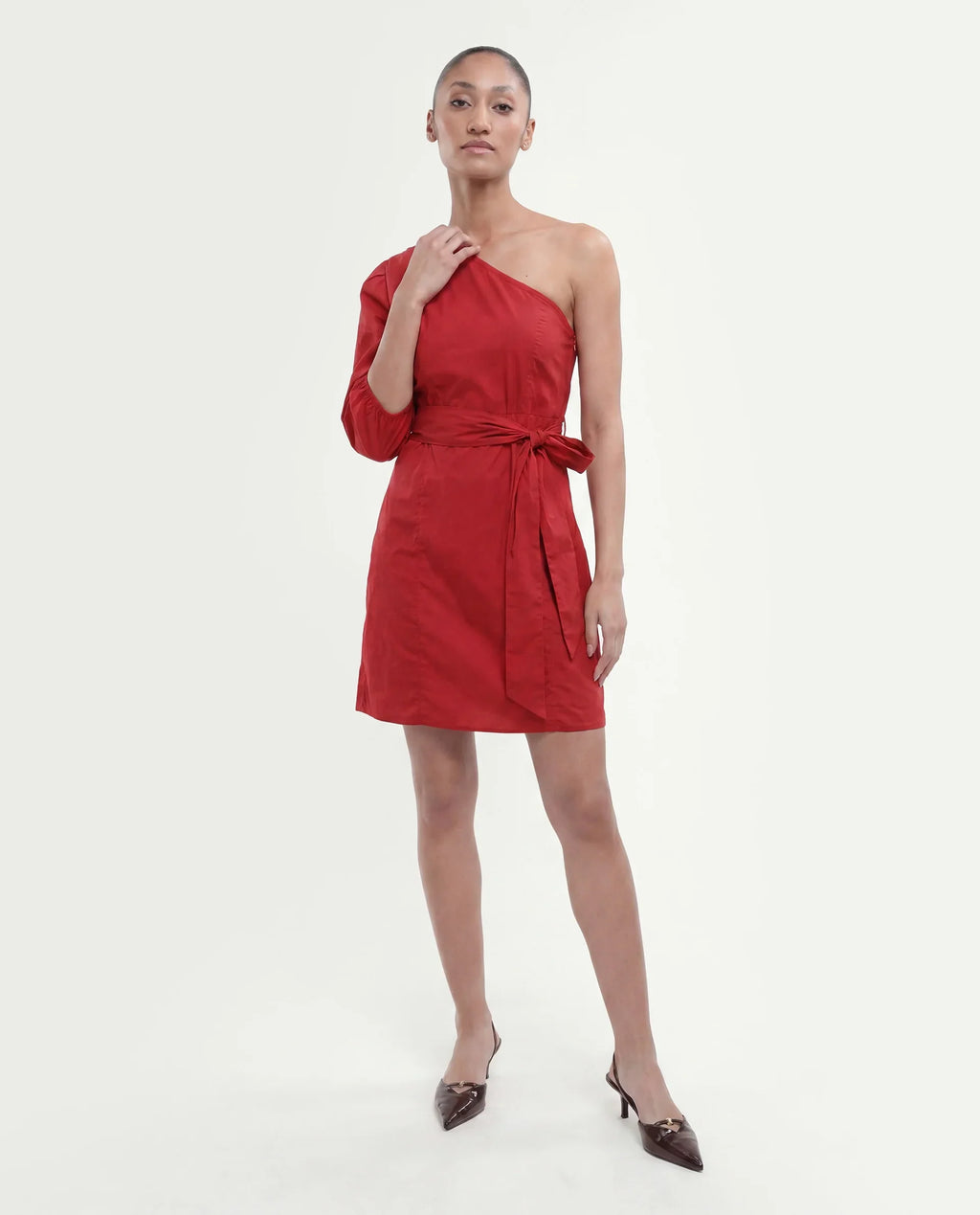 Rareism Women's Floris Red Polyester Blend One Shoulder Plain Puff Sleeves Knee Length Slim Fit Dress