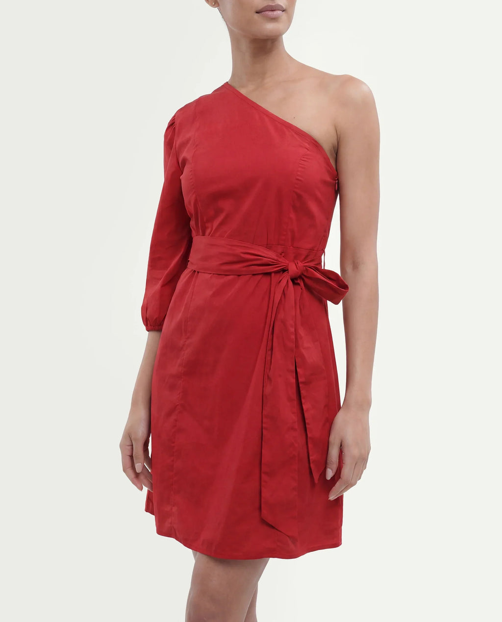 Rareism Women's Floris Red Polyester Blend One Shoulder Plain Puff Sleeves Knee Length Slim Fit Dress
