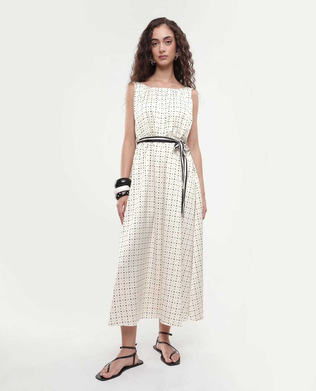 Rareism Women's Narcissa Beige Polyester Boat Neck Polka Print Sleeveless Knee Length Regular Fit Dress
