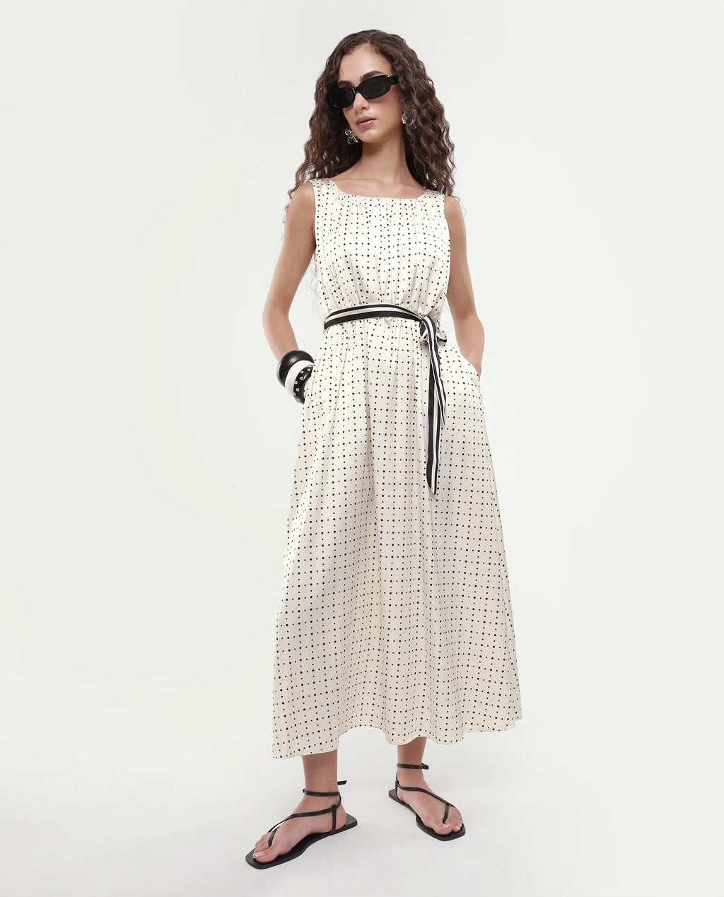 Rareism Women's Narcissa Beige Polyester Boat Neck Polka Print Sleeveless Knee Length Regular Fit Dress