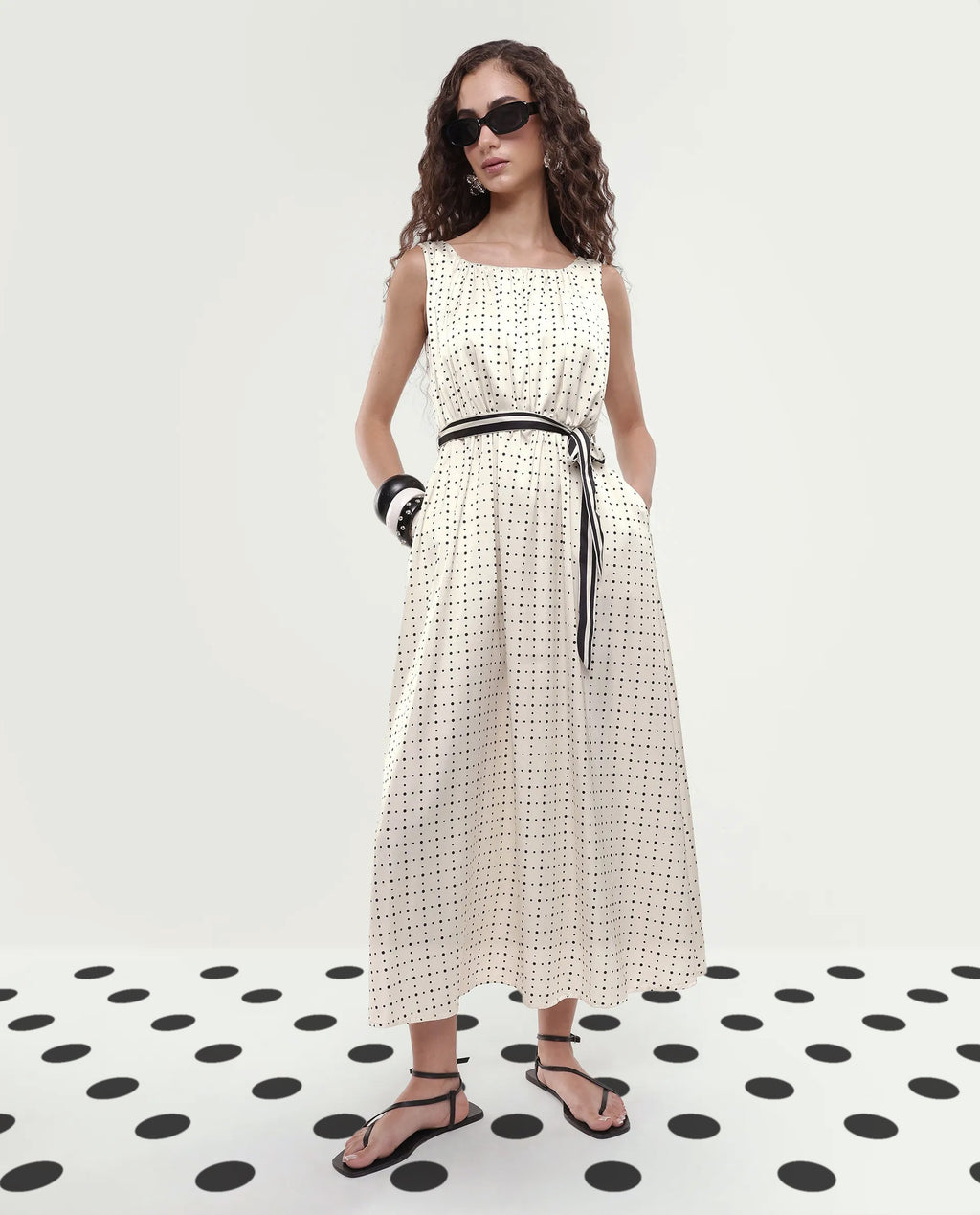 Rareism Women's Narcissa Beige Polyester Boat Neck Polka Print Sleeveless Knee Length Regular Fit Dress