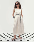 Rareism Women's Narcissa Beige Polyester Boat Neck Polka Print Sleeveless Knee Length Regular Fit Dress