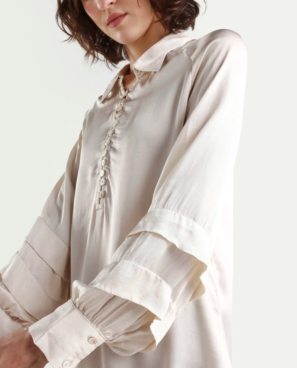 Rareism Women's Renee Beige Viscose Spread Collar Plain Bishop Sleeve Relaxed Fit Top