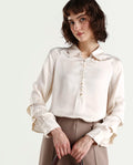 Rareism Women's Renee Beige Viscose Spread Collar Plain Bishop Sleeve Relaxed Fit Top
