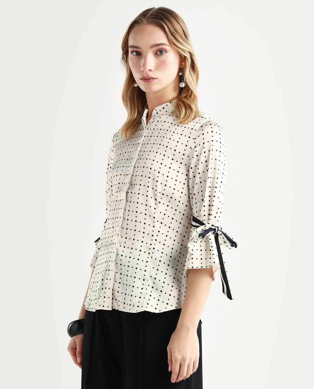 Rareism Women's Zanax Beige Polyester Mandarin Collar Polka Print Regular Fit Top