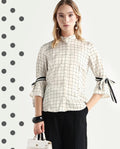 Rareism Women's Zanax Beige Polyester Mandarin Collar Polka Print Regular Fit Top