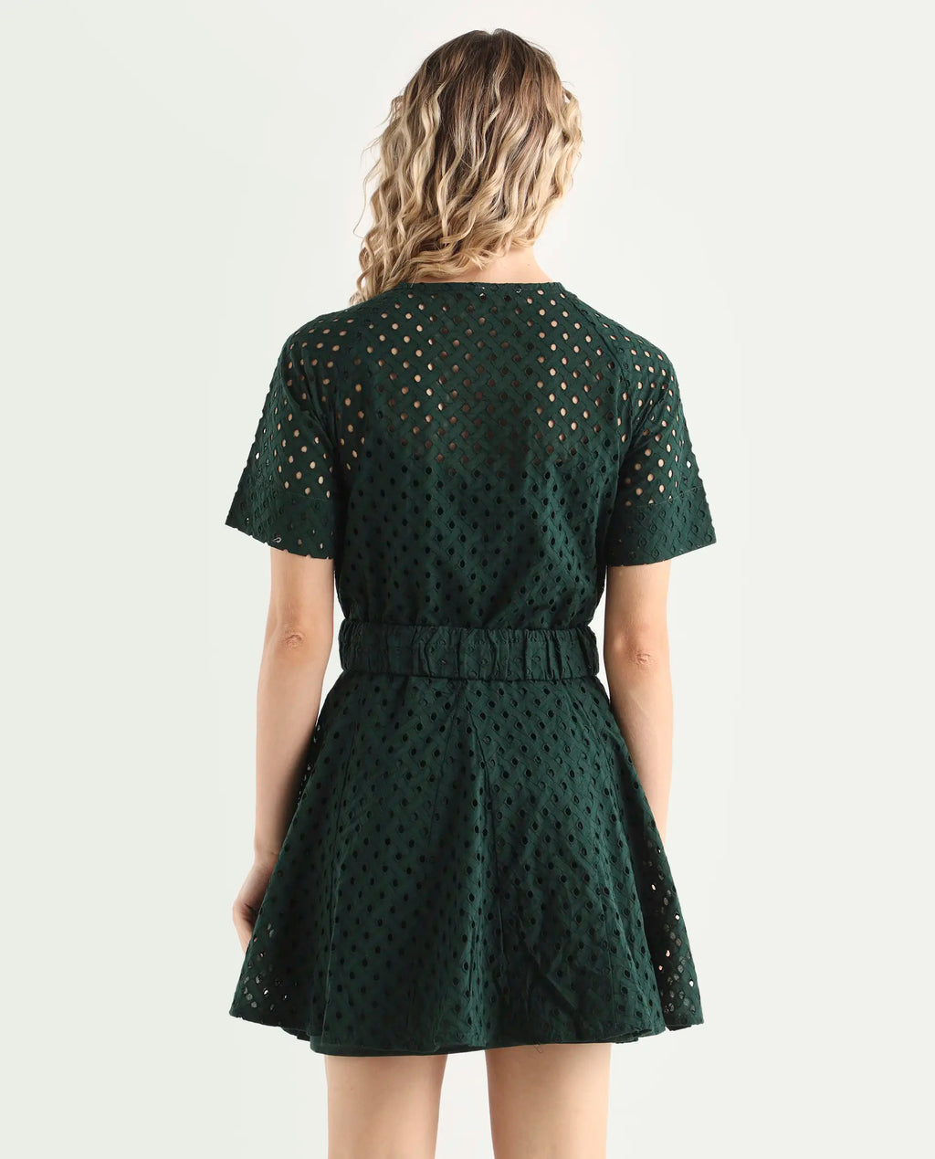 Rareism Women's Bex Green Cotton Tie-Up Neck Schiffli Knee Length Regular Fit Dress