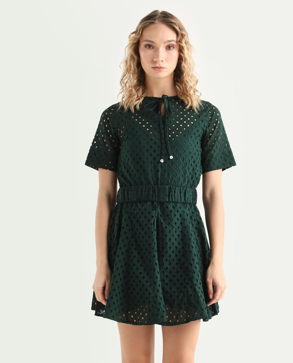 Rareism Women's Bex Green Cotton Tie-Up Neck Schiffli Knee Length Regular Fit Dress