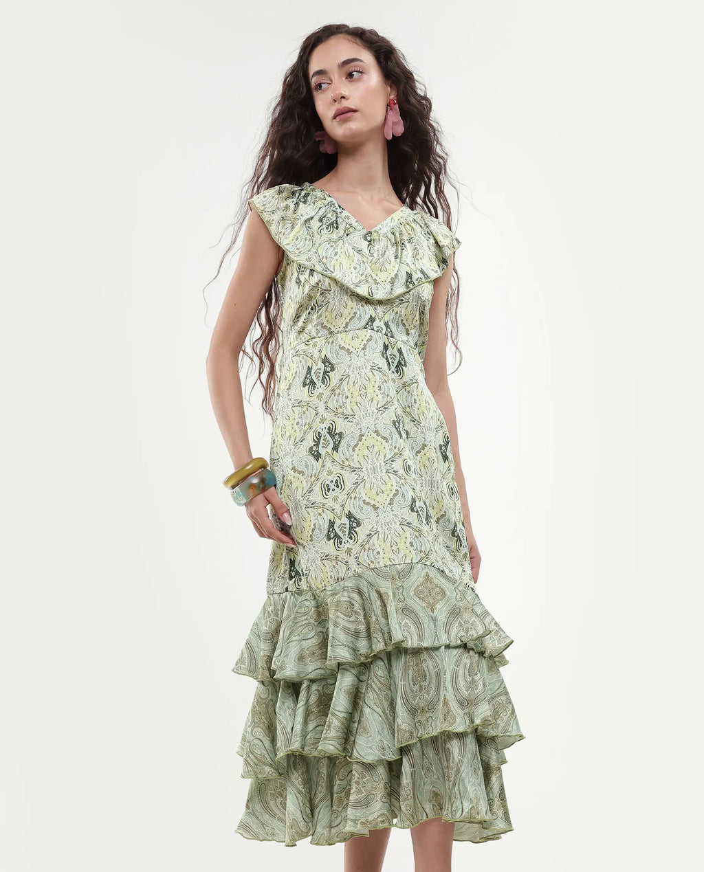Rareism Women's Aishia Offwhite Polyester Sweetheart Neck Paisley Print Sleeveless Midi Regular Fit Dress