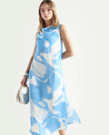 Rareism Women's Arden Blue Modal Cowl Neck Abstract Print Sleeveless Knee Length Regular Fit Dress