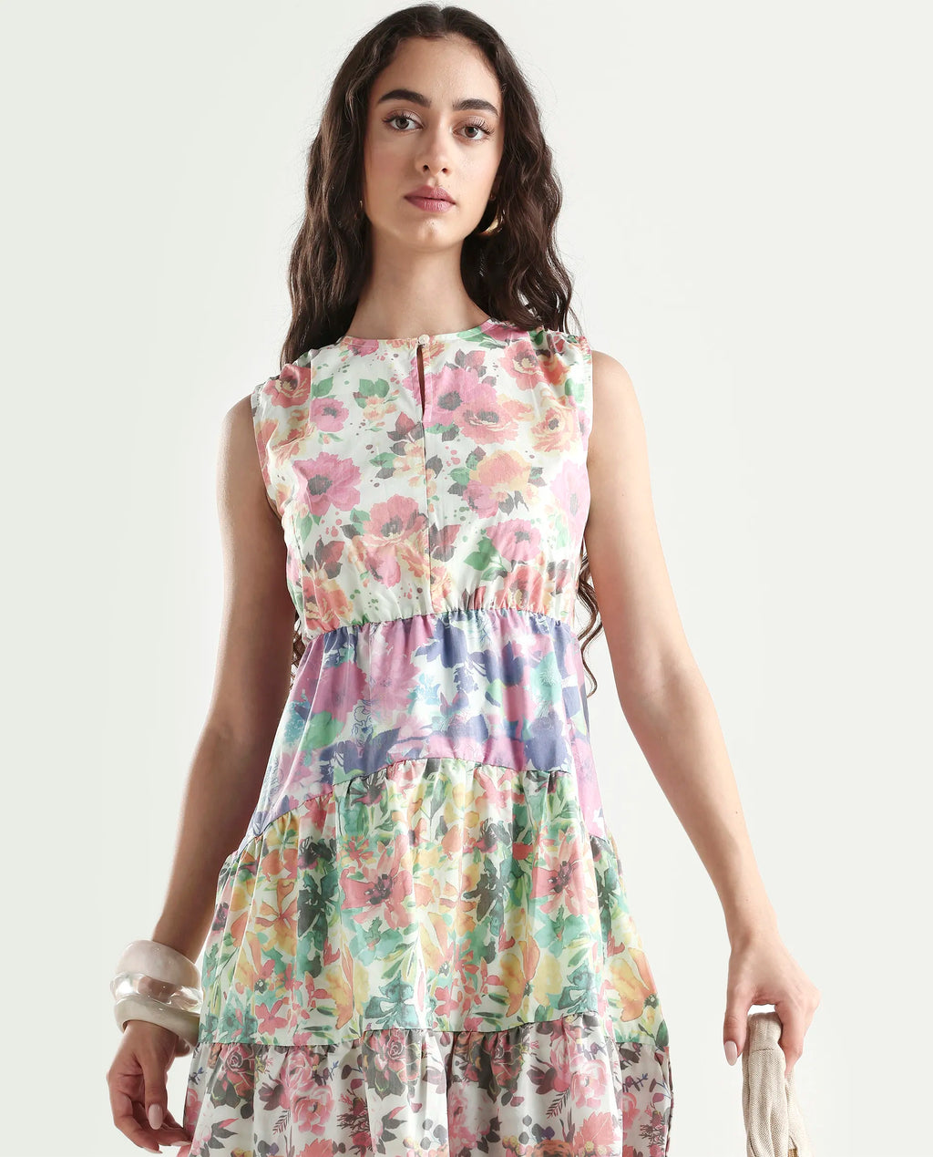 Rareism Women's Carys Multi Polyester Key Hole Neck Floral Print Sleeveless Knee Length Regular Fit Dress