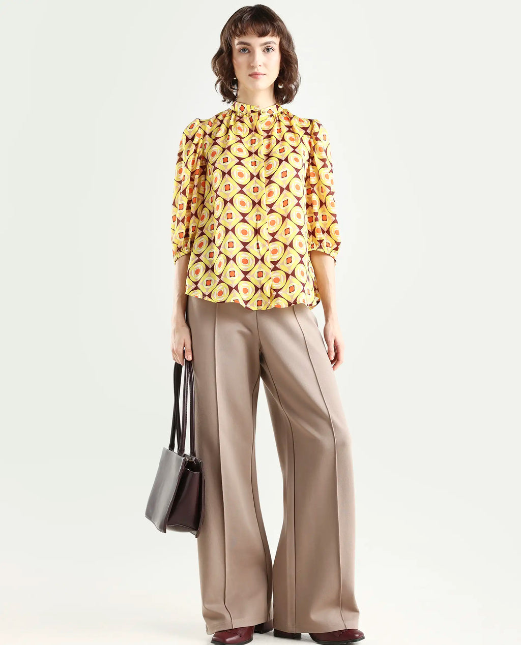 Rareism Women's Mason Yellow Polyester Mandarin Collar Geometric Print Balloon Sleeve Regular Fit Top