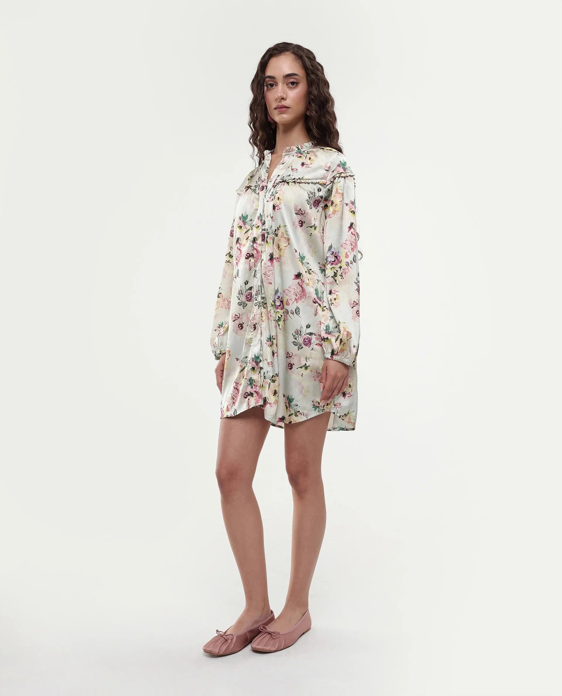Rareism Women's Penelope Beige Polyester Ruffled Neck Floral Print Mini Regular Fit Dress