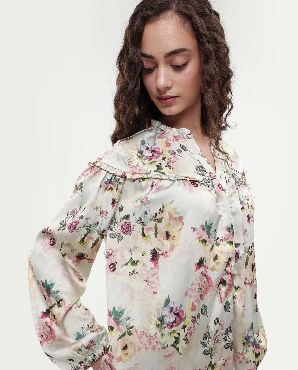 Rareism Women's Penelope Beige Polyester Ruffled Neck Floral Print Mini Regular Fit Dress