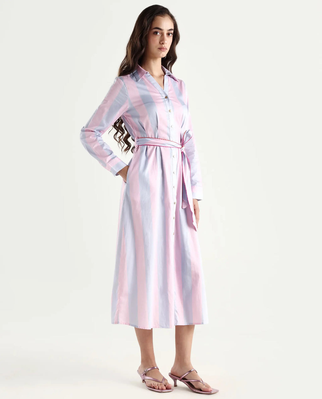 Rareism Women's Prach Pink Cotton Spread Collar Striped Knee Length Regular Fit Dress