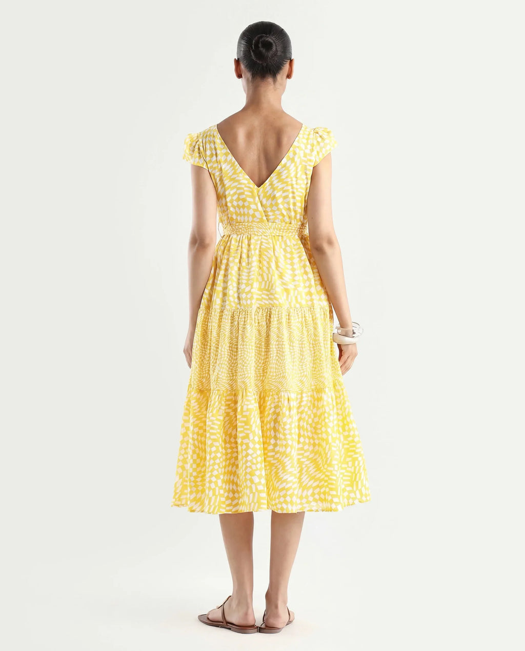 Rareism Women's Whitney Yellow Cotton V-Neck Geometric Print Cape Sleeve Knee Length Regular Fit Dress