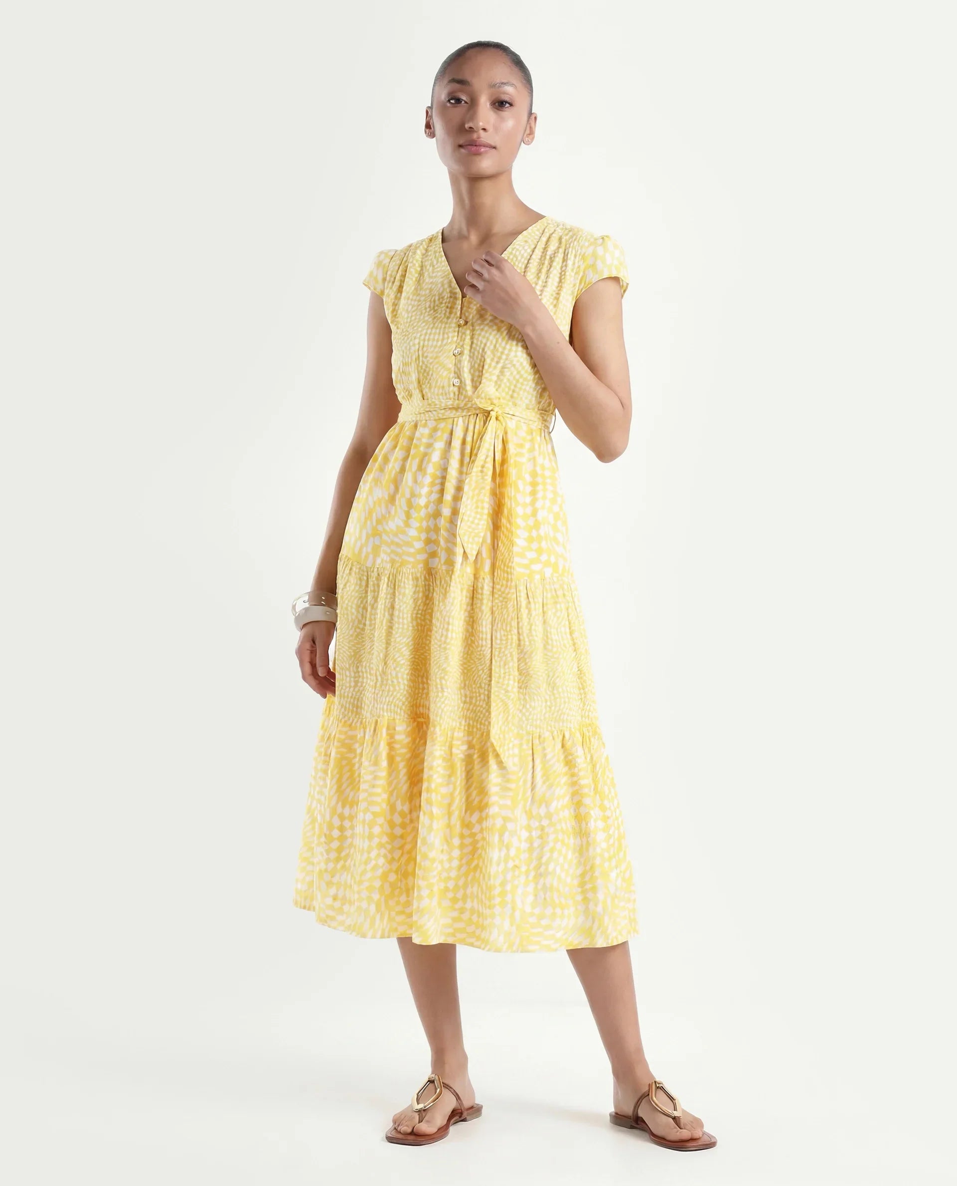 Rareism Women's Whitney Yellow Cotton V-Neck Geometric Print Cape Sleeve Knee Length Regular Fit Dress