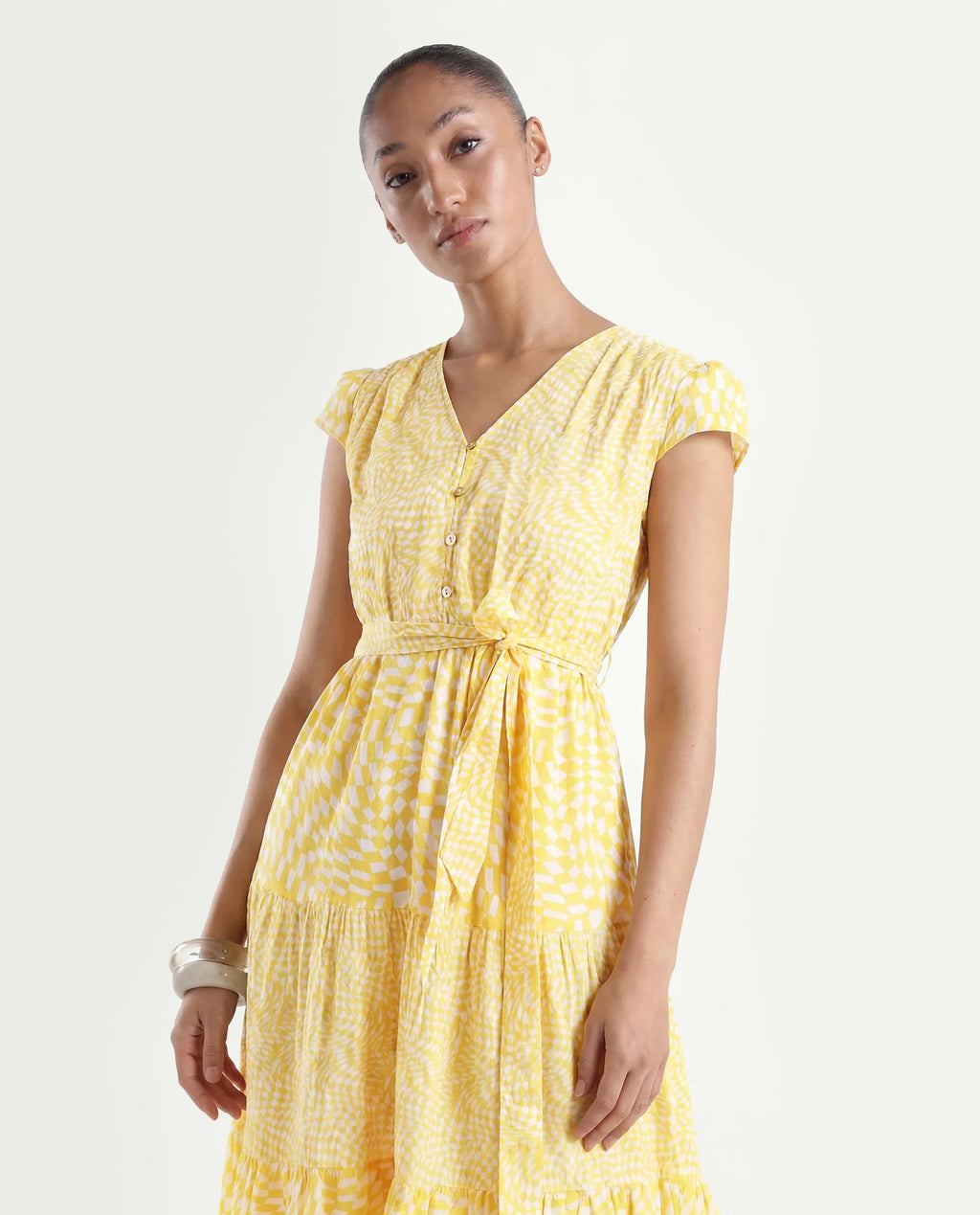 Rareism Women's Whitney Yellow Cotton V-Neck Geometric Print Cape Sleeve Knee Length Regular Fit Dress
