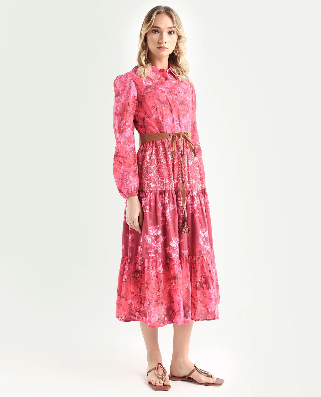 Rareism Women's Ixora Maroon Cotton Spread Collar Floral Print Knee Length Regular Fit Dress