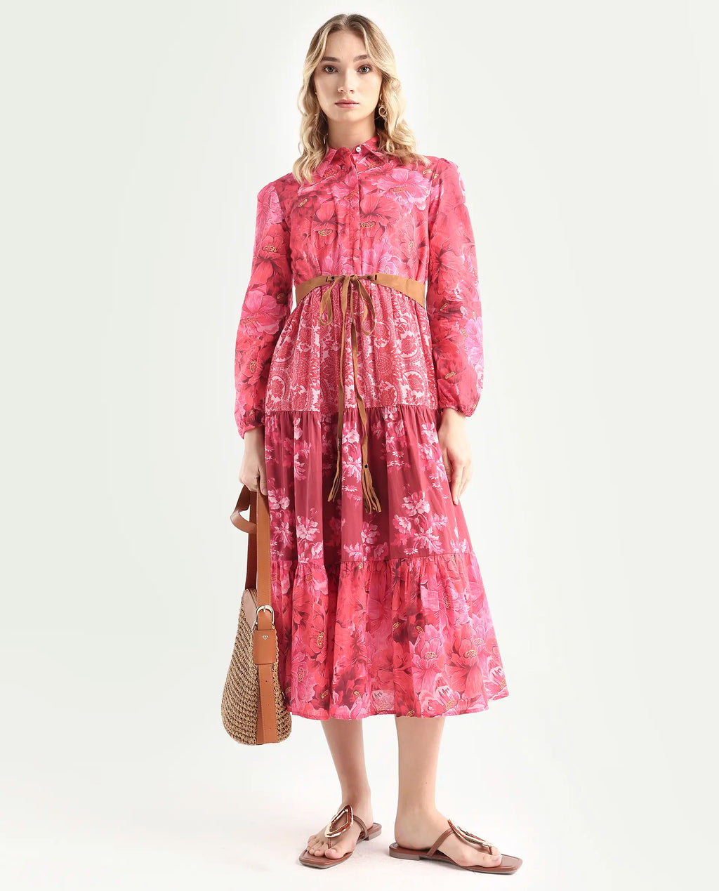 Rareism Women's Ixora Maroon Cotton Spread Collar Floral Print Knee Length Regular Fit Dress