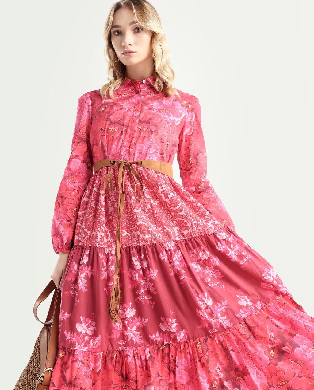 Rareism Women's Ixora Maroon Cotton Spread Collar Floral Print Knee Length Regular Fit Dress