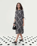 Rareism Women's Jeannie Black Polyester Boat Neck Polka Print Knee Length Regular Fit Dress