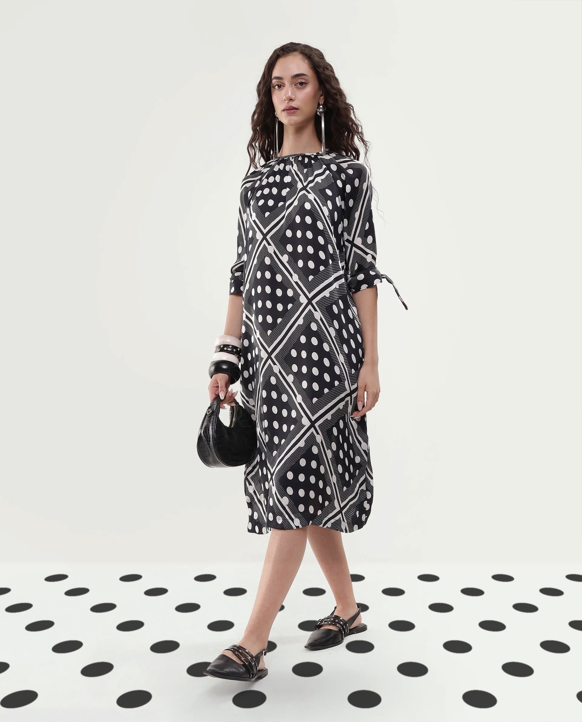 Rareism Women's Jeannie Black Polyester Boat Neck Polka Print Knee Length Regular Fit Dress