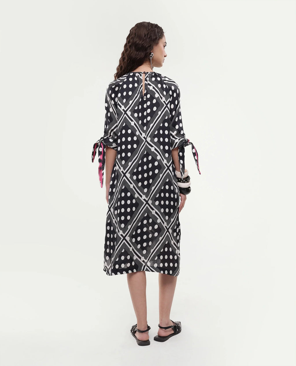 Rareism Women's Jeannie Black Polyester Boat Neck Polka Print Knee Length Regular Fit Dress
