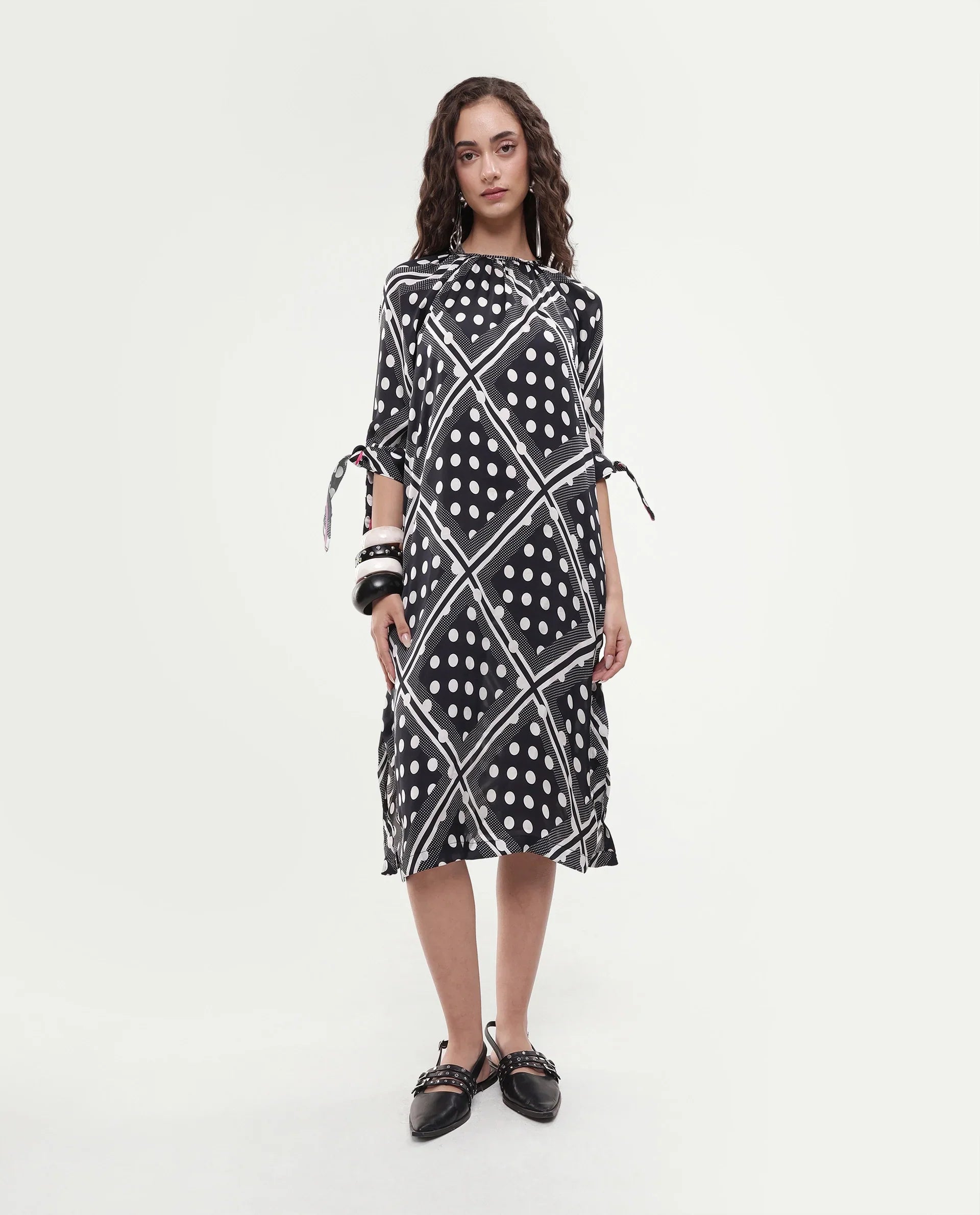 Rareism Women's Jeannie Black Polyester Boat Neck Polka Print Knee Length Regular Fit Dress