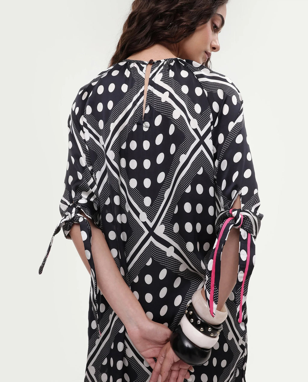 Rareism Women's Jeannie Black Polyester Boat Neck Polka Print Knee Length Regular Fit Dress