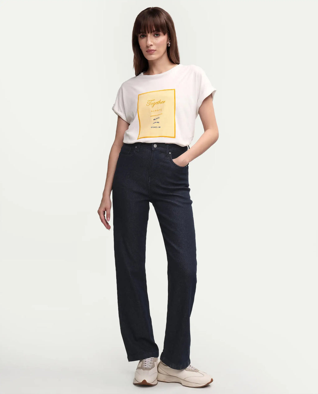 Rareism Women's Ira White Cotton Crew Neck Graphic Print Regular Fit T-Shirt