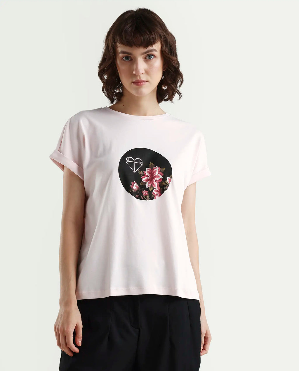 Rareism Women's Vitivus Pink Cotton Crew Neck Graphic Print Regular Fit T-Shirt