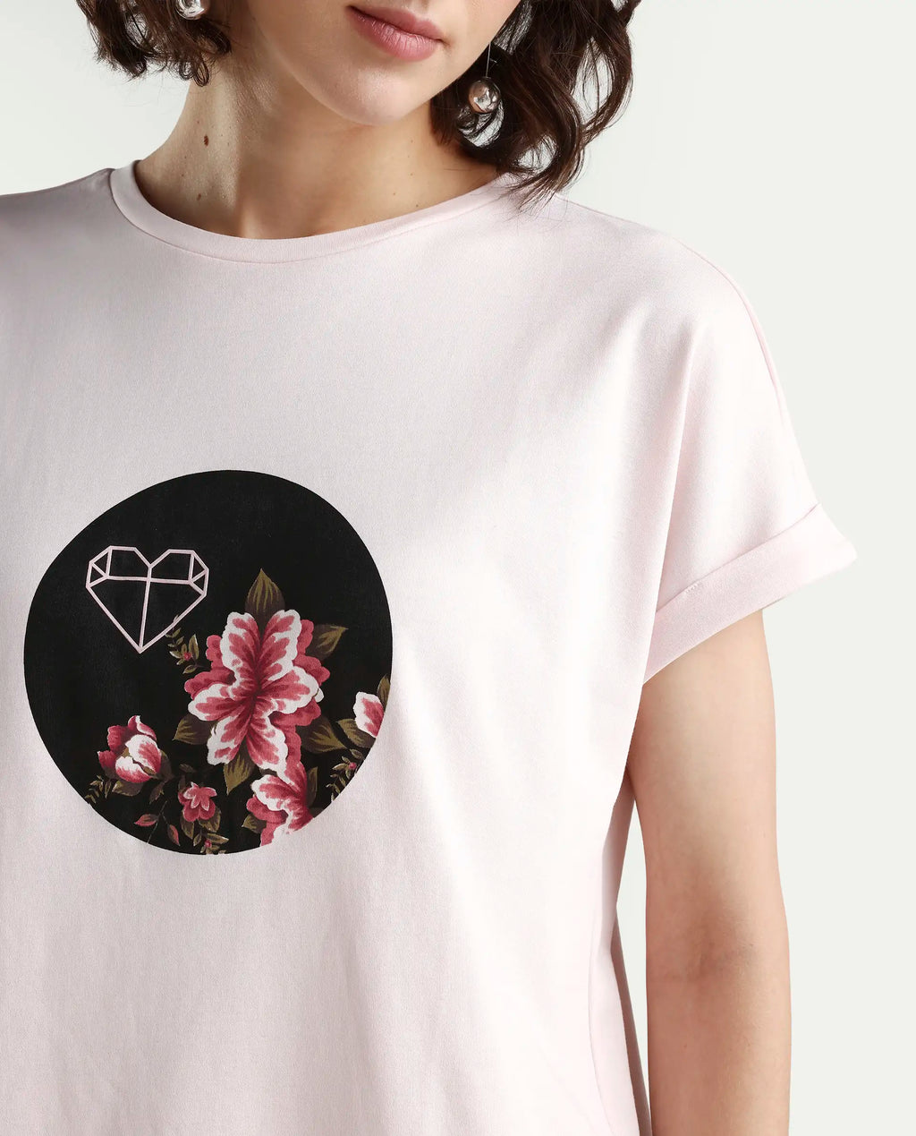 Rareism Women's Vitivus Pink Cotton Crew Neck Graphic Print Regular Fit T-Shirt