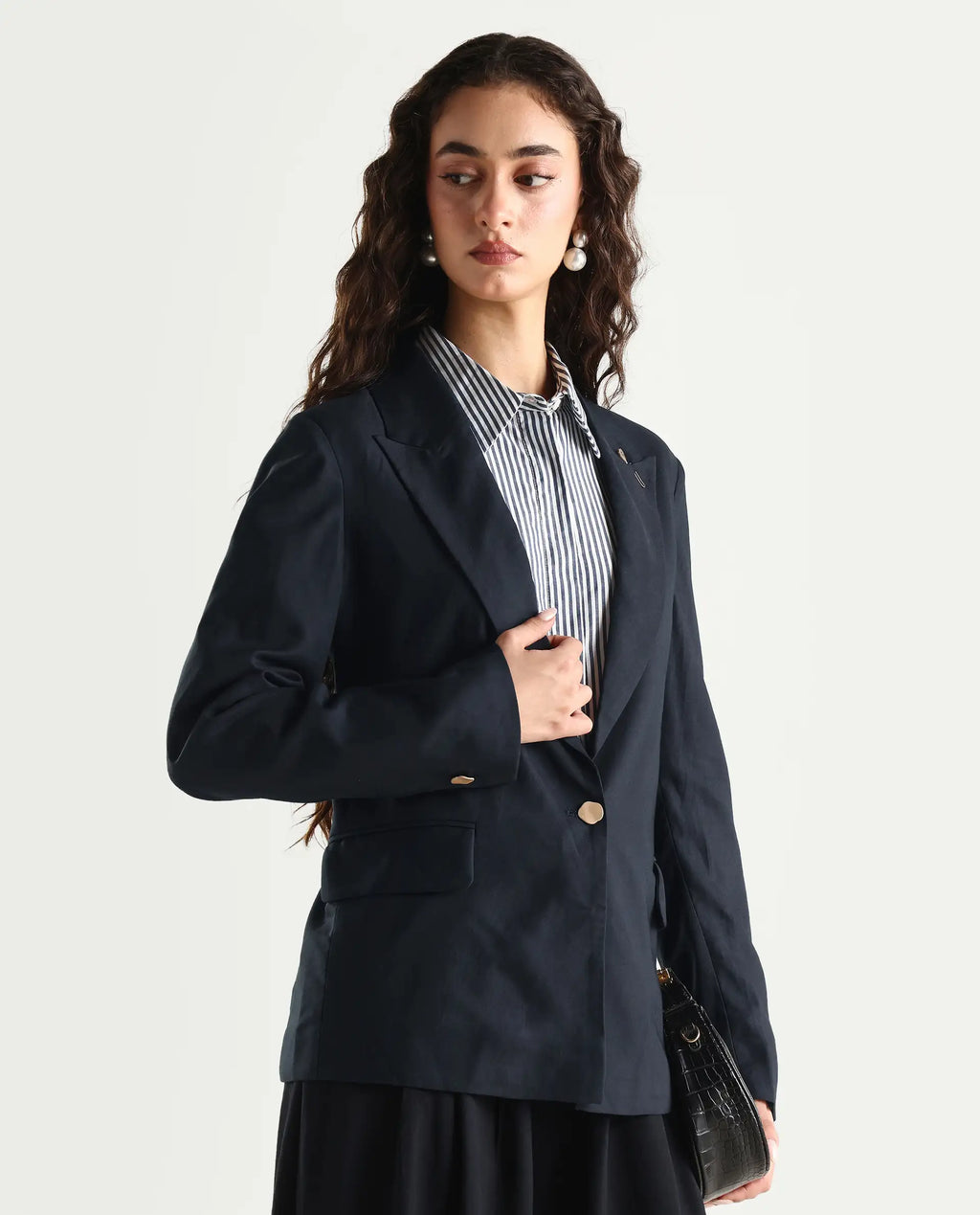 Rareism Women's Ziva Black Polyester Lapel Neck Plain Tailored Blazer