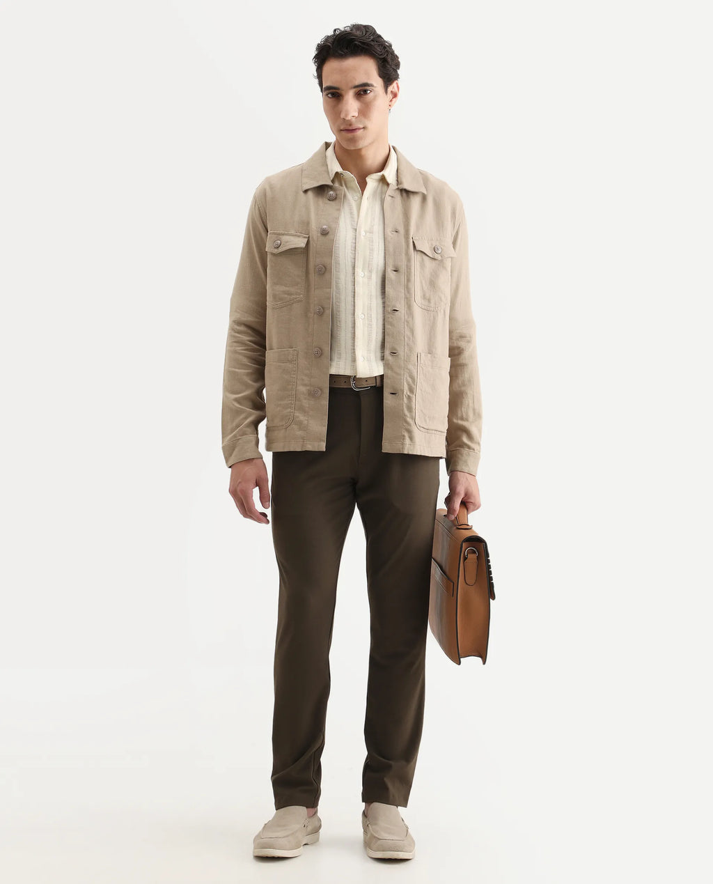 Rare Rabbit Men's Gatton Beige Linen Blend Plain Regular Fit Full Sleeve Spread Collar Jacket
