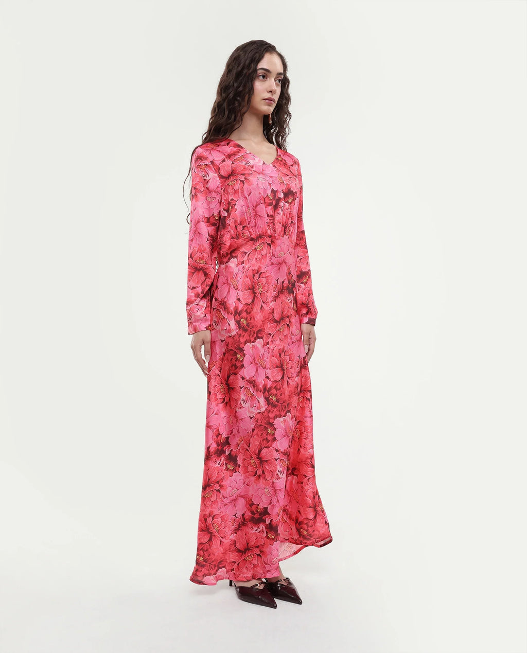 Rareism Women's Merlot Maroon Cotton V-Neck Floral Print Maxi Regular Fit Dress