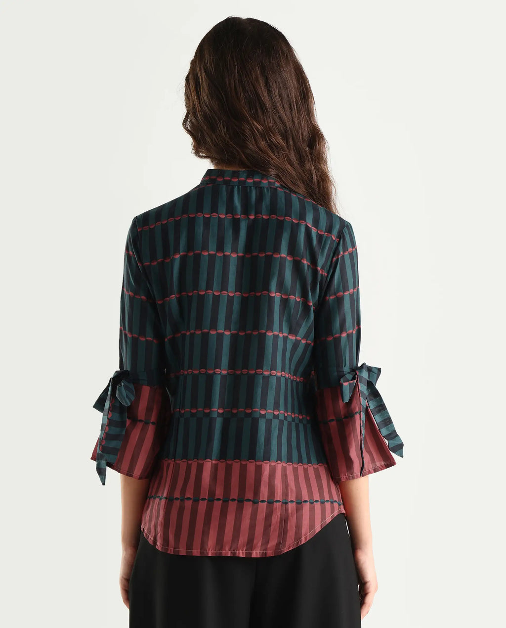 Rareism Women's Muraba Green Cotton Mandarin Collar Geometric Print Regular Fit Top