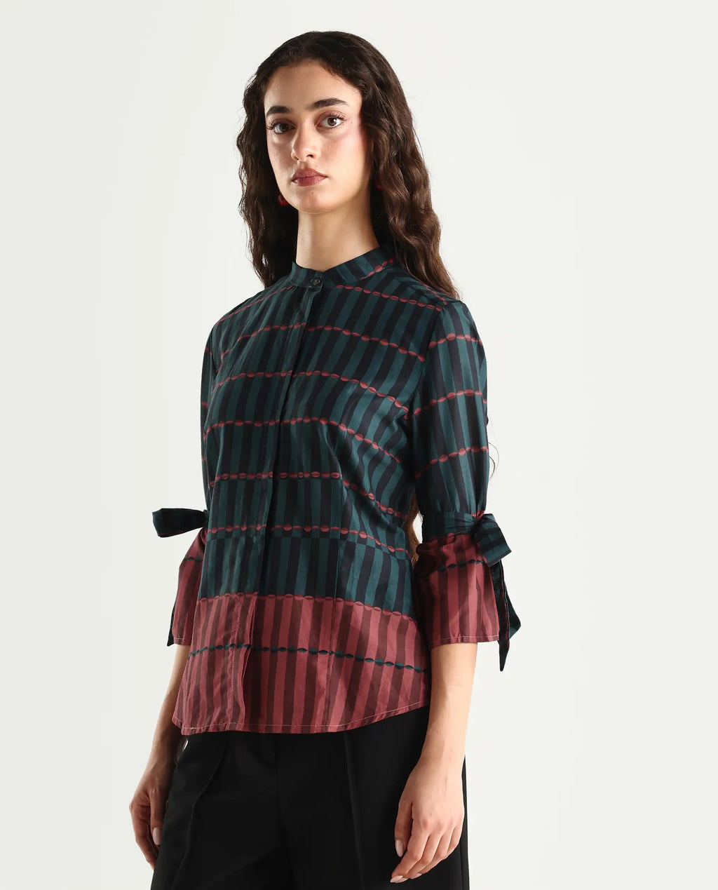 Rareism Women's Muraba Green Cotton Mandarin Collar Geometric Print Regular Fit Top