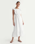 Rareism Women's Anne White Linen Boat Neck Plain Ruffled Sleeve Maxi Regular Fit Dress